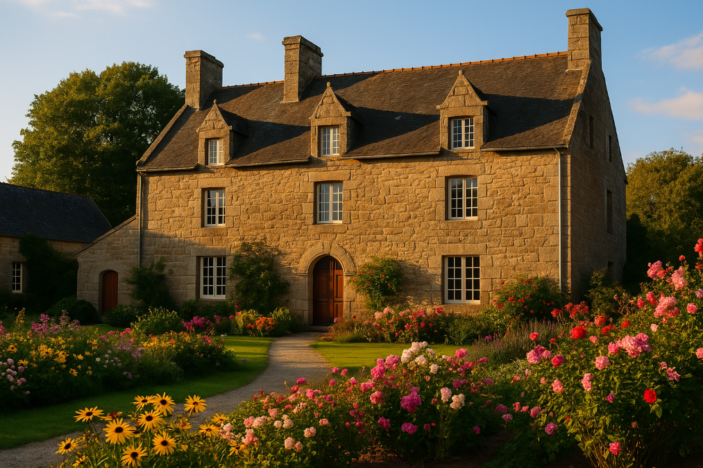 Maison bretonne authentique en granit avec toit en ardoise et jardin fleuri en Bretagne